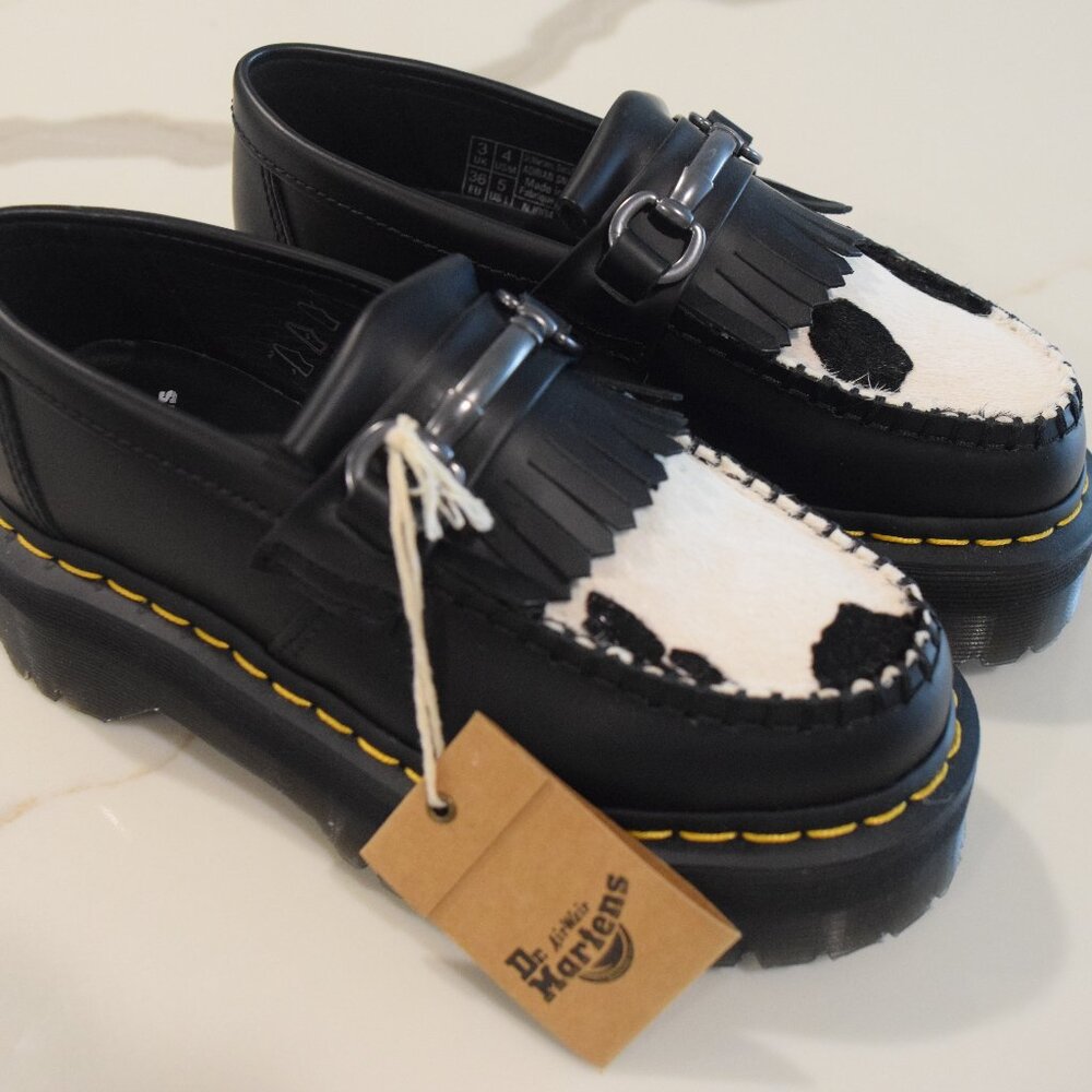 Dr. Martens Adrian Snaffle Quad Platform Leather Loafer Cow Print Sz M3.5 / W5